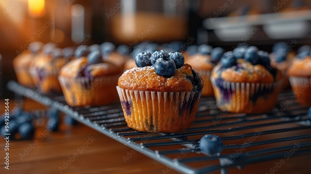 Freshly baked blueberry muffin with a golden top, cozy kitchen setting, Rustic, Warm tones, Photograph, Homey atmosphere Freshly baked blueberry muffin with a golden top, cozy kitchen setting, Rustic, Warm tones, Photograph, Homey atmosphere