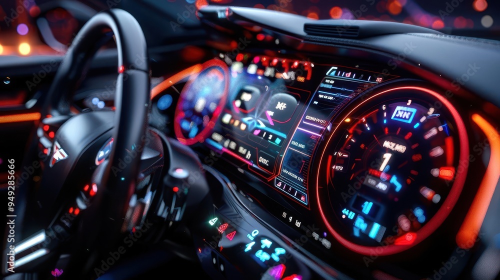 Futuristic car dashboard with digital displays, sleek and modern, Futuristic, Cool tones, Digital rendering, Technological innovation Futuristic car dashboard with digital displays, sleek and modern, Futuristic, Cool tones, Digital rendering, Technological innovation