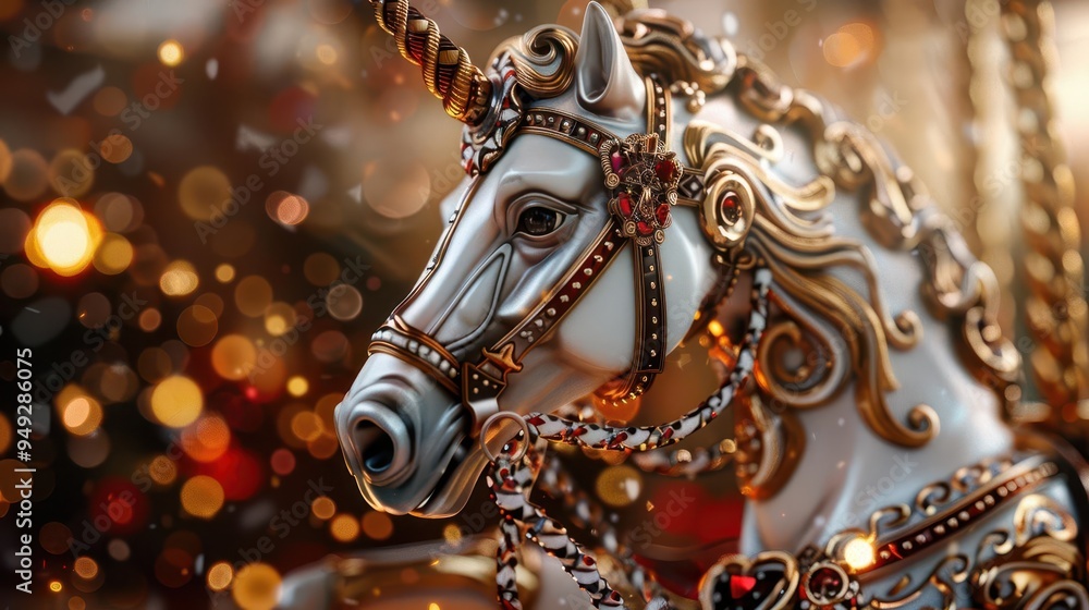 Fototapeta premium Ornate carousel horse with detailed decorations, nostalgic fairground, Vintage, Warm tones, Digital painting, Whimsical charm