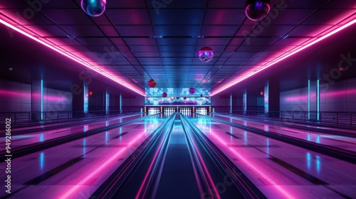 Neon-lit bowling alley with lanes and balls, vibrant and lively, Pop art, Neon, Digital art, Dynamic scene photo