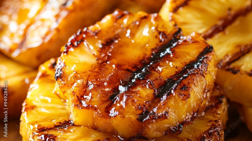 Close-up of delicious grilled pineapple slices with caramelized edges, showcasing vibrant texture and color in a mouth-watering presentation. Close-up of delicious grilled pineapple slices with caramelized edges, showcasing vibrant texture and color in a mouth-watering presentation.