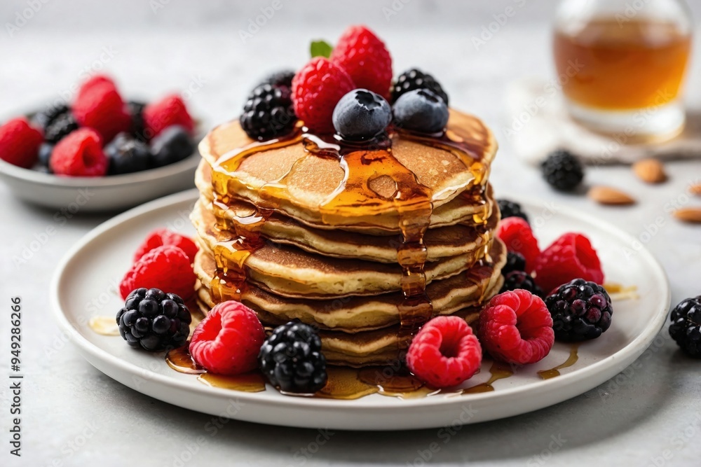 A stack of pancakes topped with fresh berries and a drizzle of maple syrup, arranged on a plain white plate. A stack of pancakes topped with fresh berries and a drizzle of maple syrup, arranged on a plain white plate.
