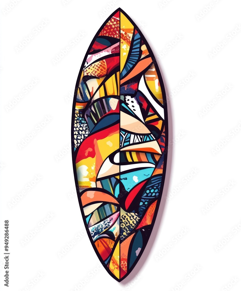 A vibrant, abstract surfboard design featuring colorful patterns and shapes. A vibrant, abstract surfboard design featuring colorful patterns and shapes.