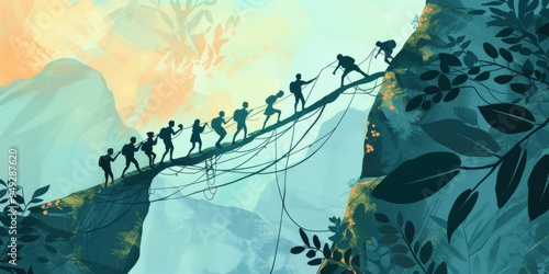 illustration of explorers working together across a bridge, teamwork concept photo