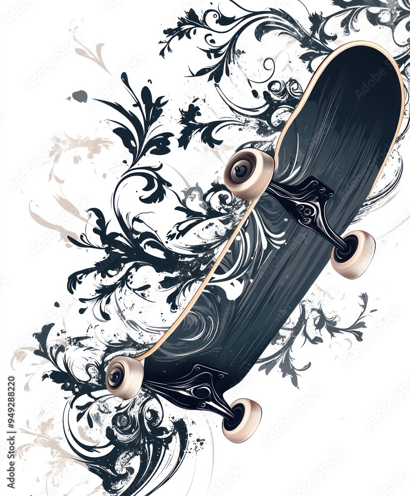 Obraz premium A stylized skateboard surrounded by floral designs, emphasizing urban culture and leisure.