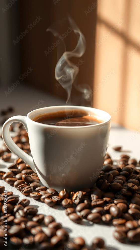 Steaming Cup of Coffee with Coffee Beans Steaming Cup of Coffee with Coffee Beans