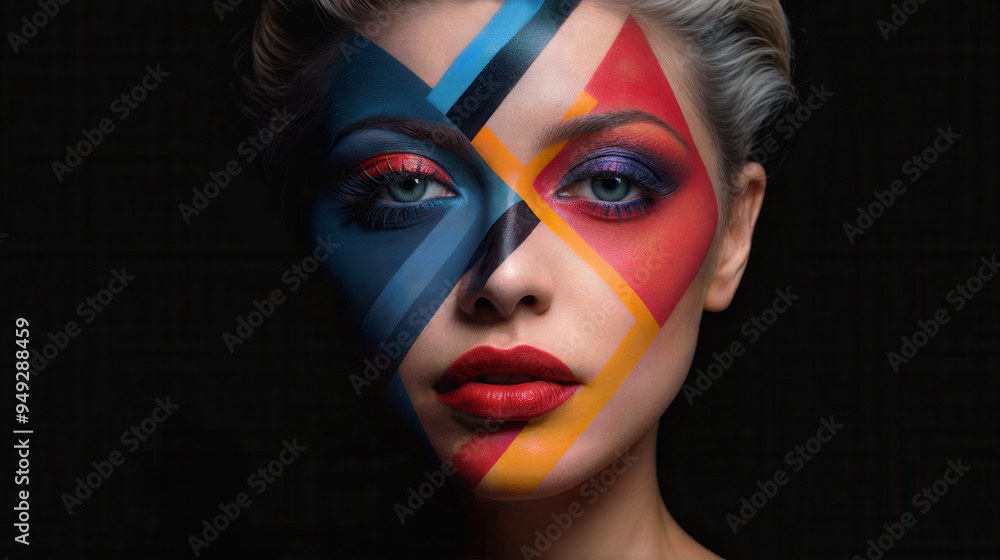Illustration of a beautiful blond woman with her face painted with colorful geometric shapes. Illustration of a beautiful blond woman with her face painted with colorful geometric shapes.