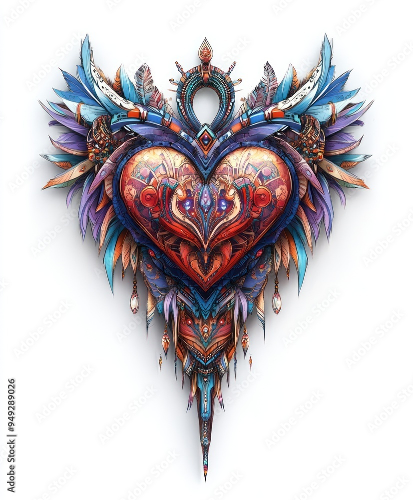 Fototapeta premium A vibrant, intricate heart design with floral and feather elements, symbolizing love and creativity.