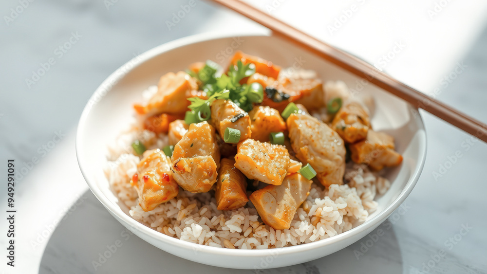 Closeup of Chicken and Rice with Chopsticks Closeup of Chicken and Rice with Chopsticks