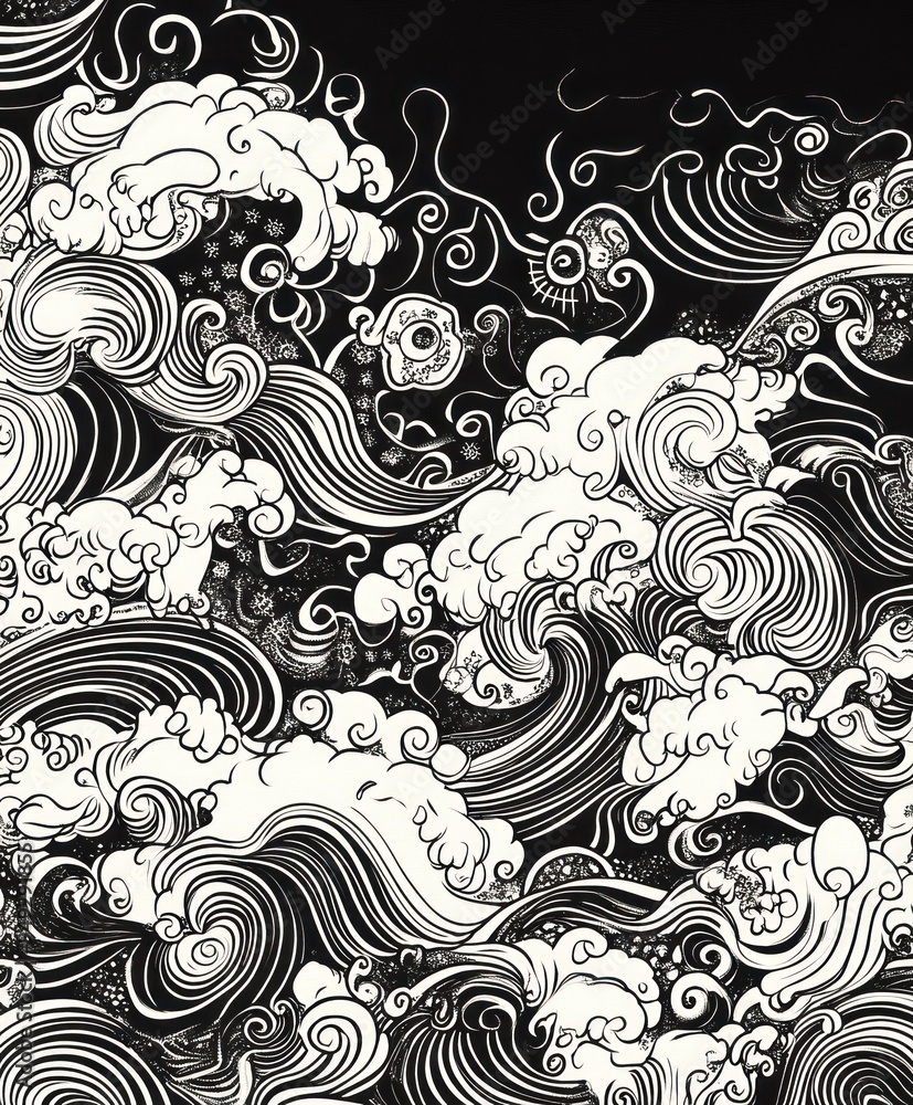 A swirling pattern of stylized waves and clouds in black and white. A swirling pattern of stylized waves and clouds in black and white.