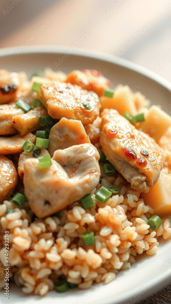 Close-up of chicken and rice dish with green onions Close-up of chicken and rice dish with green onions
