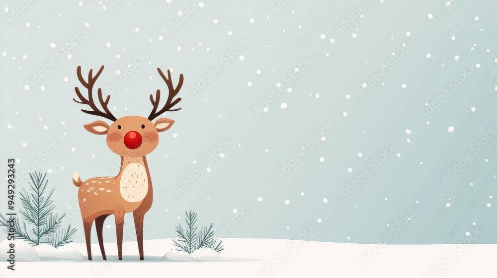 A cheerful cartoon reindeer stands in a snowy landscape, surrounded by falling snowflakes and evergreen trees, perfect for winter themes. A cheerful cartoon reindeer stands in a snowy landscape, surrounded by falling snowflakes and evergreen trees, perfect for winter themes.