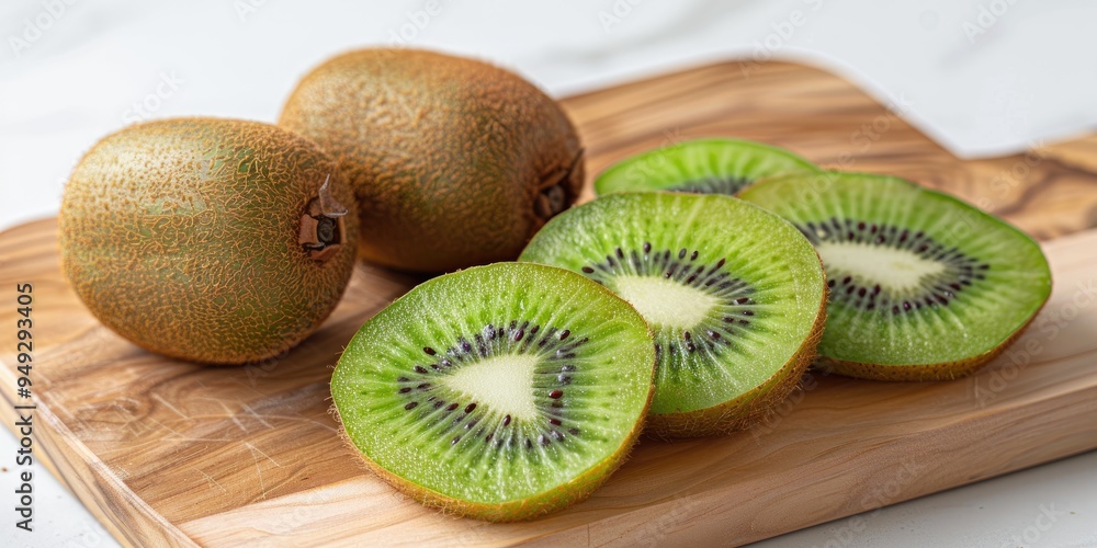 Fototapeta premium Sliced and whole ripe kiwi fruit displayed on a cutting board