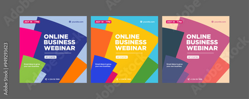 instagram webinar conference fair exhibit template social media post banner poster summit seminar online business flat blue green pink yellow dark color background minimal design square size templates