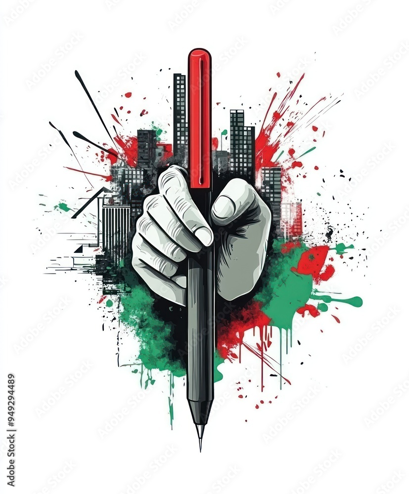 Obraz premium A graphic depiction of a hand holding a pen, symbolizing creativity and urban expression.