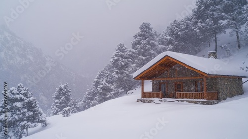 A cozy cabin surrounded by snow-covered mountains, perfect for winter getaways and serene landscapes.