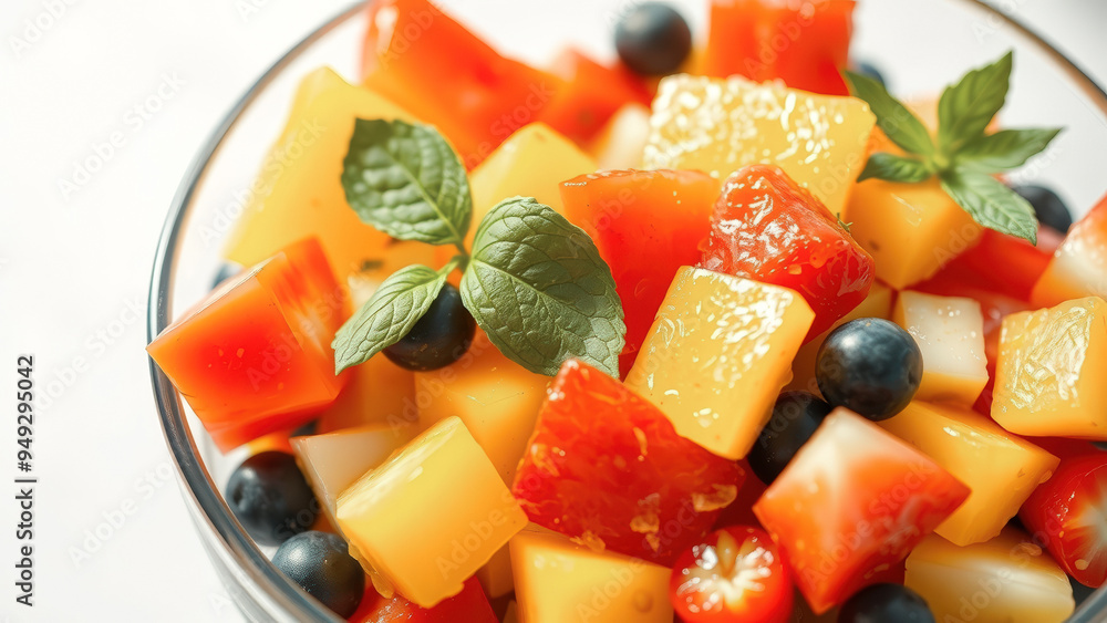 Closeup of Fresh Fruit Salad with Blueberries and Mint Closeup of Fresh Fruit Salad with Blueberries and Mint