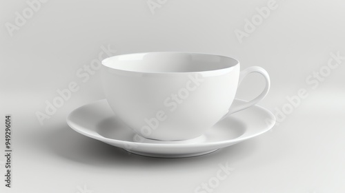 A white teacup and saucer on a white background.