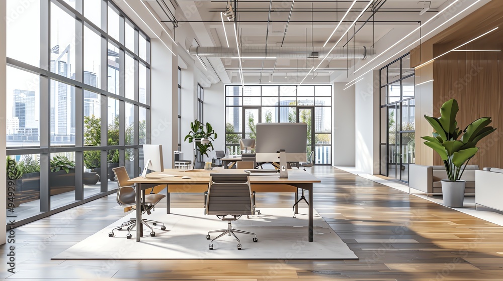 A modern office space with large windows and a wooden floor. A modern office space with large windows and a wooden floor.