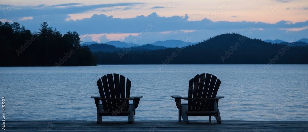 Two Adirondack Chairs on a Dock Overlooking a Lake and Mountains