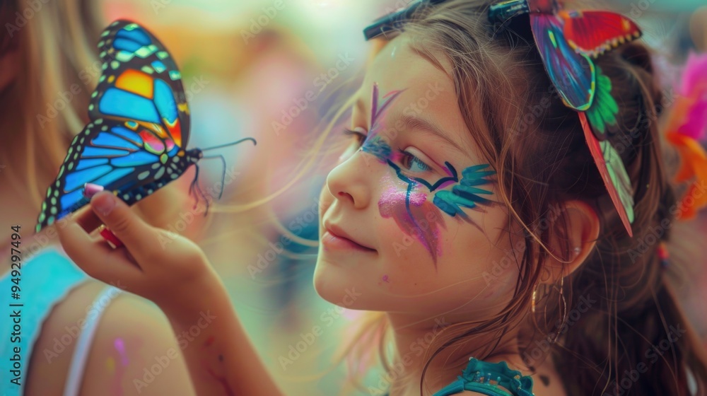 Naklejka premium A young girl holds a colorful butterfly in her hand
