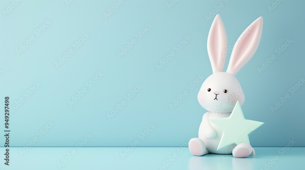 A 3D render of a cute white bunny holding a green star on a blue background. A 3D render of a cute white bunny holding a green star on a blue background.