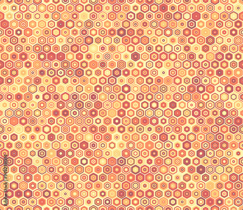 Abstract template background. Bold rounded stacked hexagons mosaic pattern. Hexagon shapes. Multiple tones color palette. Seamless pattern. Tileable vector illustration.