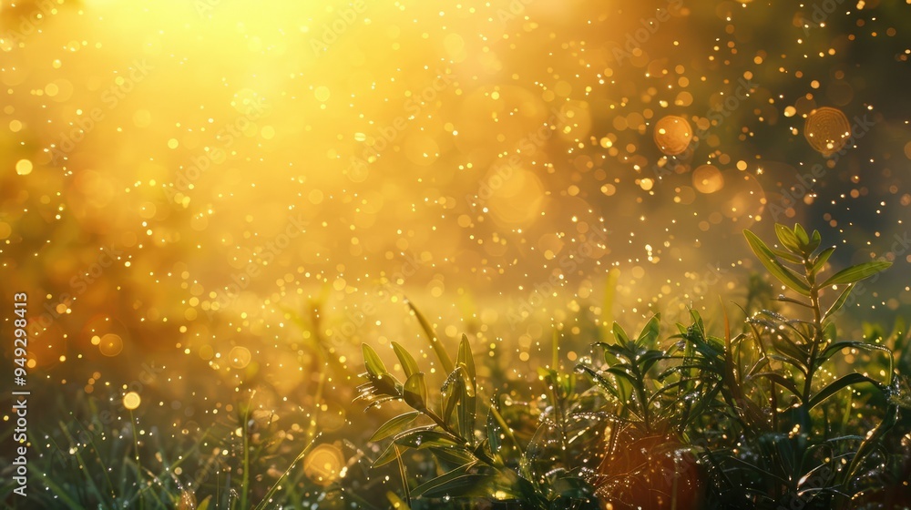 Fototapeta premium Severe hailstorm impacting a grassy area with shrubs in sharp focus.