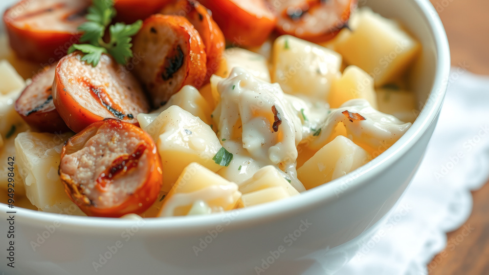 Closeup of a Bowl of Potato Salad with Grilled Sausage Closeup of a Bowl of Potato Salad with Grilled Sausage