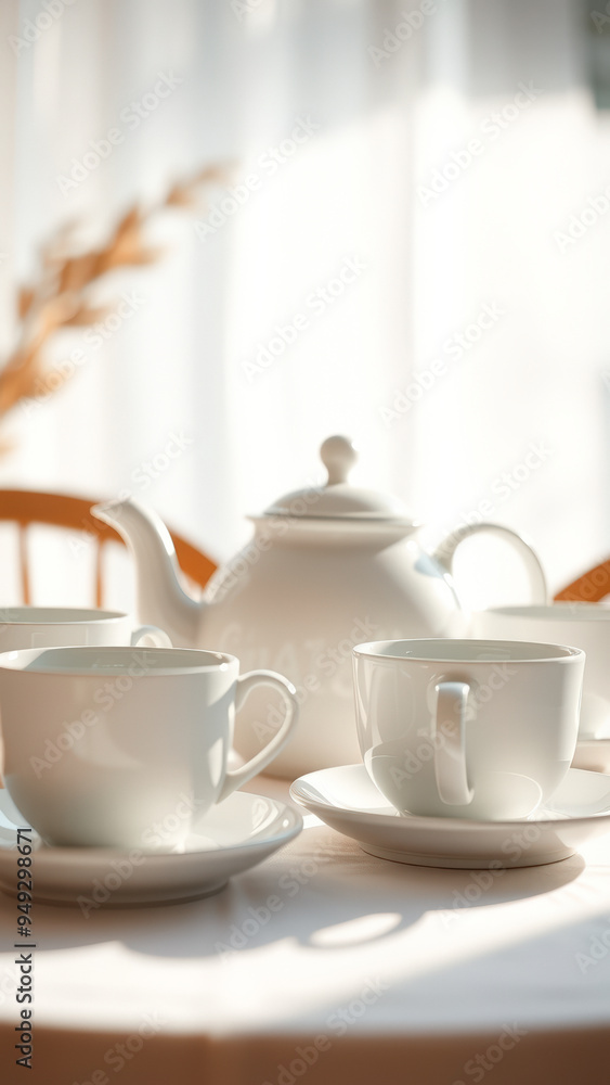 Fototapeta premium Teacups and Teapot on a White Table
