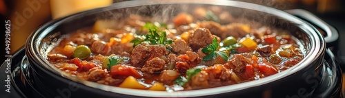 Slow cooker with a ceramic insert, filled with a hearty meal, home-cooking style, warm tones, soft lighting, high detail