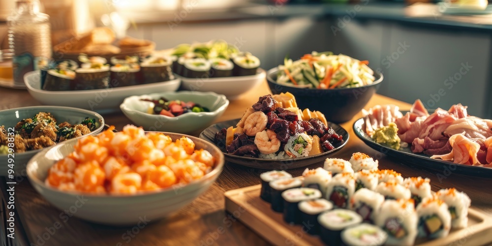Obraz premium Variety of cheese balls, steak tartare, sushi rolls, shrimp salad, and BBQ chicken presented on a table.