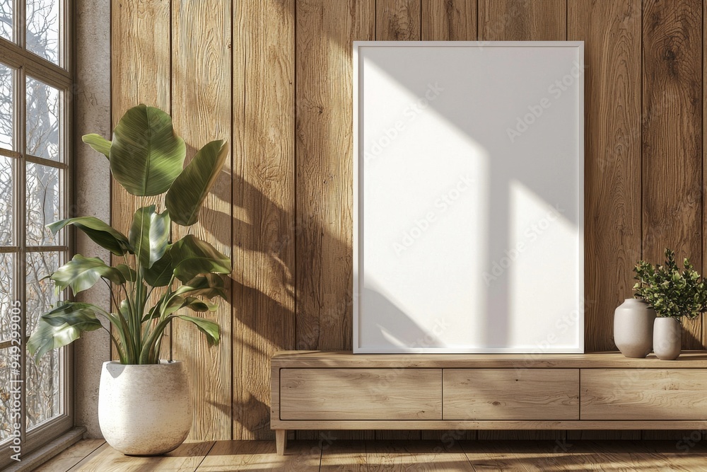 Poster Frame Mockup on Wooden Interior Background created with Generative AI Poster Frame Mockup on Wooden Interior Background created with Generative AI