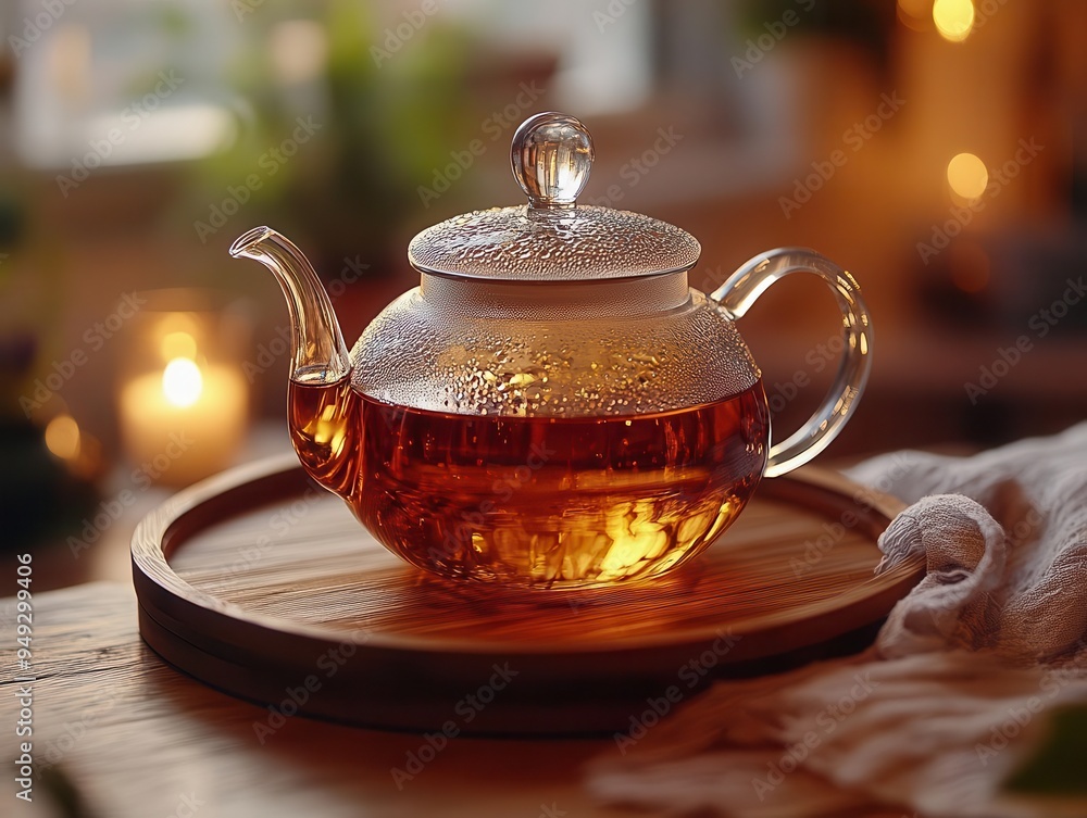 Teapot with a built-in infuser, brewing tea on a wooden tray, elegant style, soft lighting, warm tones, close-up, high detail Teapot with a built-in infuser, brewing tea on a wooden tray, elegant style, soft lighting, warm tones, close-up, high detail