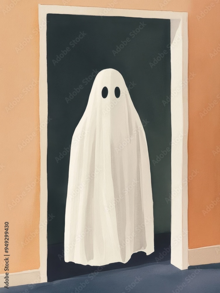 A playful ghost illustration standing in a doorway, evoking a whimsical and spooky atmosphere for Halloween themes. A playful ghost illustration standing in a doorway, evoking a whimsical and spooky atmosphere for Halloween themes.