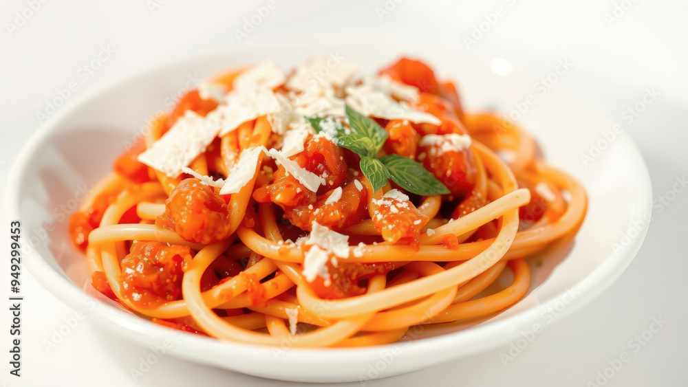 Close-up of spaghetti with tomato sauce and parmesan cheese Close-up of spaghetti with tomato sauce and parmesan cheese