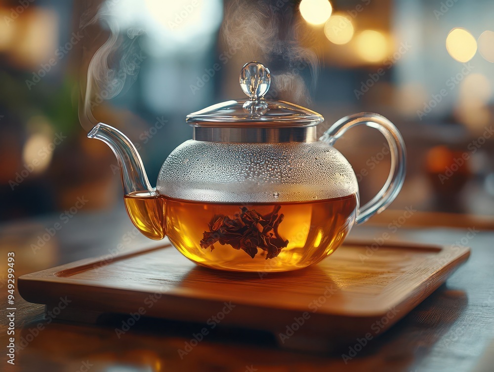 Teapot with a built-in infuser, brewing tea on a wooden tray, elegant style, soft lighting, warm tones, close-up, high detail