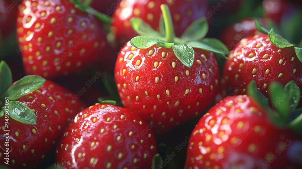 Close-up of ripe, juicy strawberries with green leaves, showcasing their vibrant red color and texture, perfect for fresh fruit or food photography. Close-up of ripe, juicy strawberries with green leaves, showcasing their vibrant red color and texture, perfect for fresh fruit or food photography.
