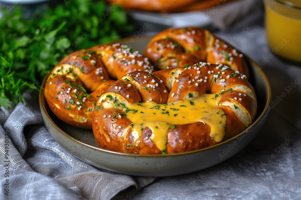 Close up of soft pretzels with cheese sauce and parsley Close up of soft pretzels with cheese sauce and parsley