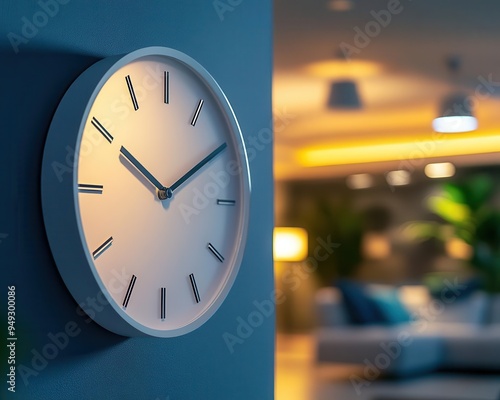 Wall clock with a silent movement, hanging in a living room, modern style, soft lighting, close-up, high detail