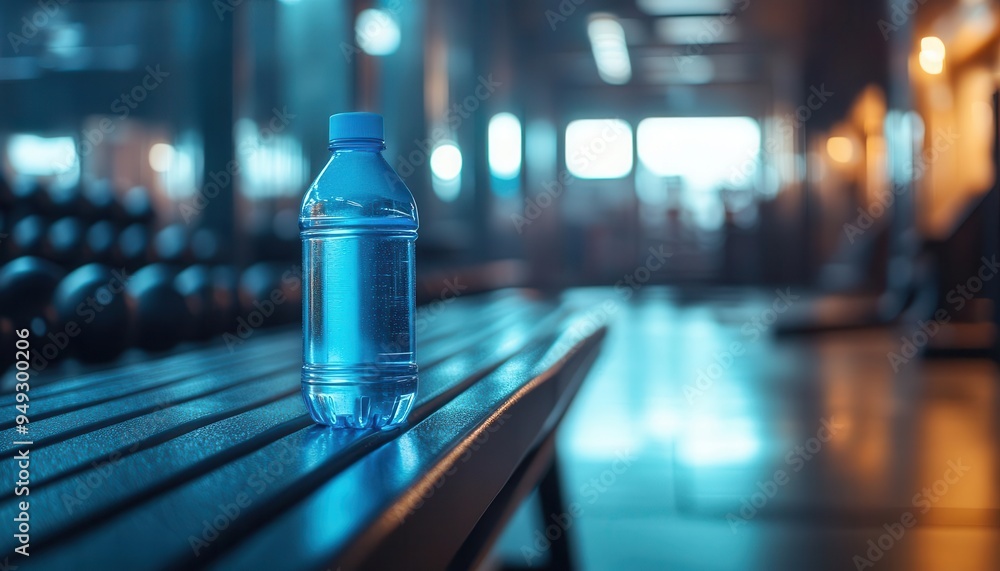 Water bottle with a flip-top lid, placed on a gym bench, active lifestyle style, bright lighting, close-up, sharp focus, high detail Water bottle with a flip-top lid, placed on a gym bench, active lifestyle style, bright lighting, close-up, sharp focus, high detail