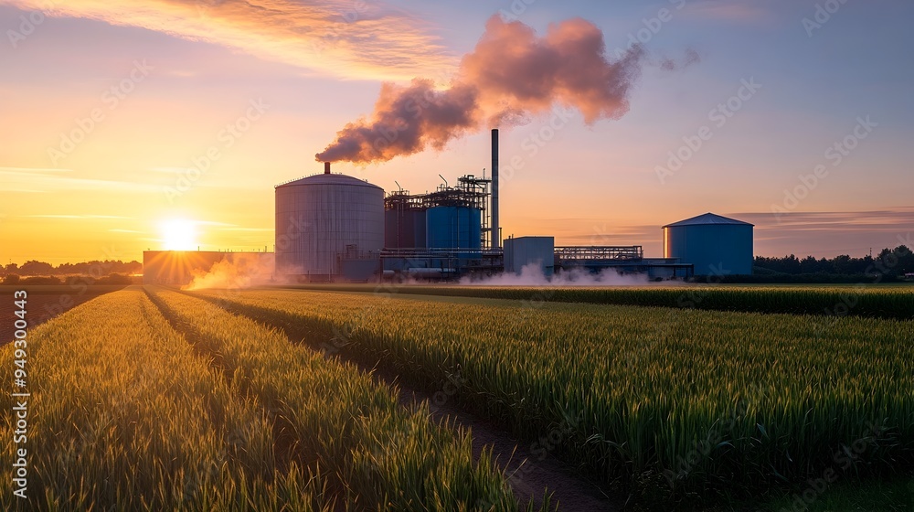 Biogas Plant at Sunset with Steam Emanating from Facility and Surrounding Grassy Fields Biogas Plant at Sunset with Steam Emanating from Facility and Surrounding Grassy Fields