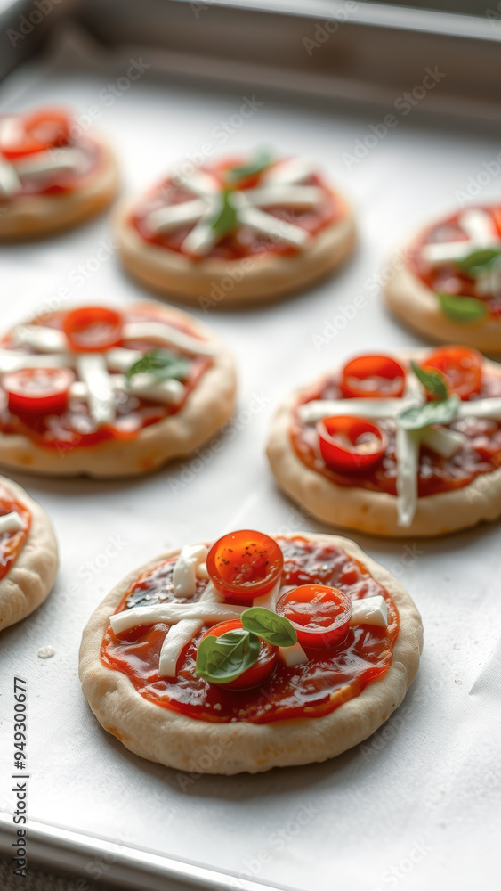 Close up of mini pizzas with tomato sauce, mozzarella, cherry tomatoes and basil Close up of mini pizzas with tomato sauce, mozzarella, cherry tomatoes and basil