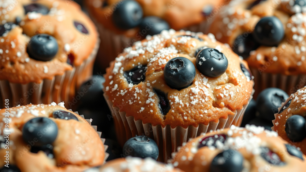 Closeup of blueberry muffins with powdered sugar Closeup of blueberry muffins with powdered sugar