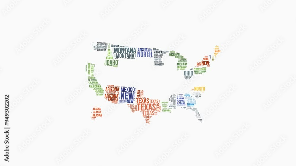 United States states word cloud animation. Country logo animated video. United States colored text cloud. States typography style motion graphics. Artistic video. United States states word cloud animation. Country logo animated video. United States colored text cloud. States typography style motion graphics. Artistic video.