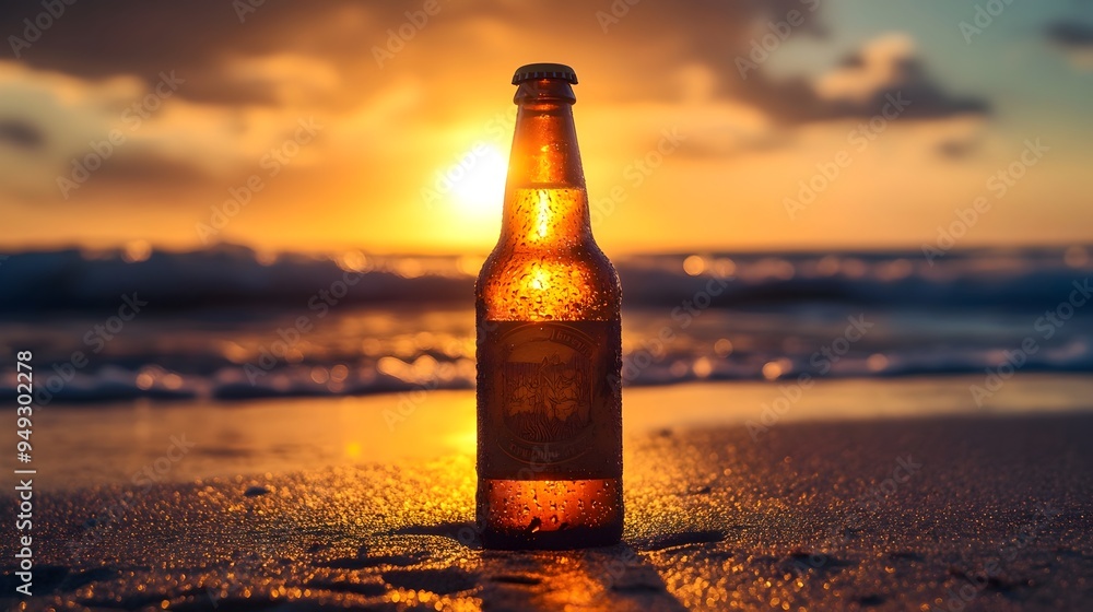Chilled Beer Bottle on Sandy Beach with Gentle Waves Chilled Beer Bottle on Sandy Beach with Gentle Waves