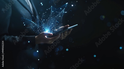 Businessperson Holding Tablet with Holographic Data