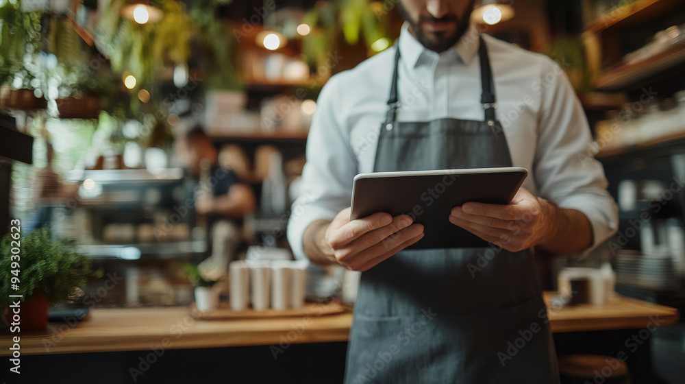 Cafe Owner Using Digital Tablet in Cozy Coffee Shop, focusing on modern business management and technology. Cafe Owner Using Digital Tablet in Cozy Coffee Shop, focusing on modern business management and technology.