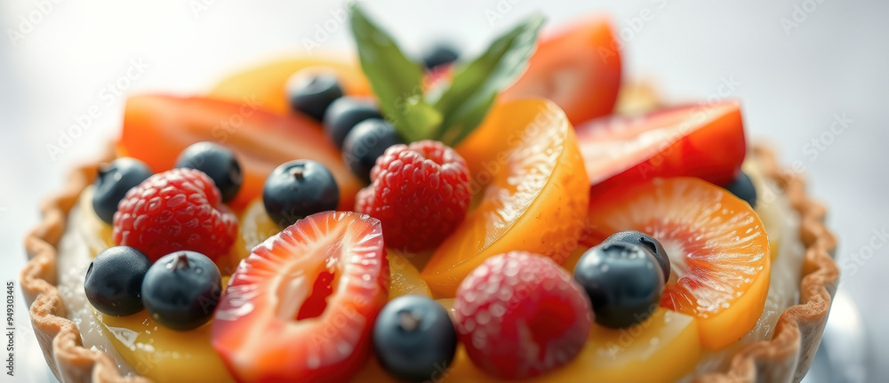 Closeup of fruit tart with fresh berries and citrus Closeup of fruit tart with fresh berries and citrus