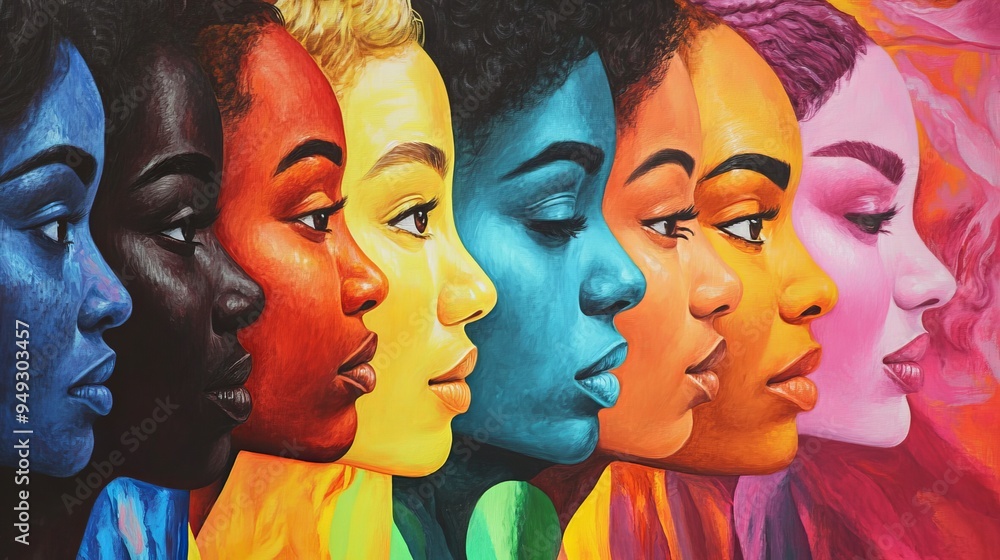 Fototapeta premium Vibrant Portraits of Diverse Women Depicted in Colorful Abstract Art Medium